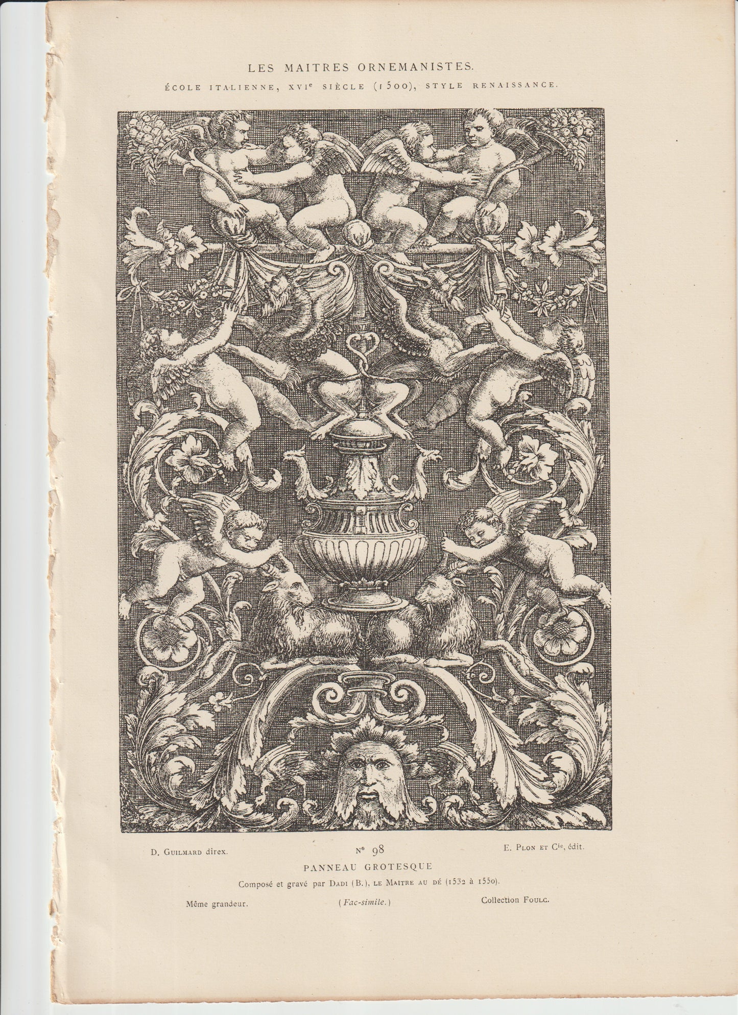 “Renaissance Grotesque Panel Engraving — Maître au Dé, Italian Ornament Print (1860s Plon et Cie)”