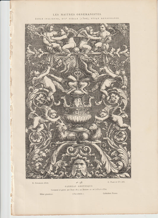 “Renaissance Grotesque Panel Engraving — Maître au Dé, Italian Ornament Print (1860s Plon et Cie)”