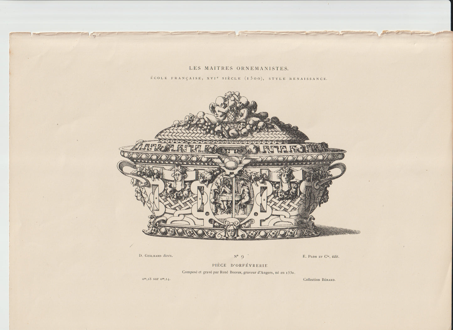 “1850s French Renaissance Ornament Engraving — Plate 9 — Titled: Piece D. Orfevrerie Renée Boivin Engraver, Guilmard Direx, E. Plon / Collection Bérard”