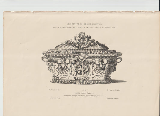 “1850s French Renaissance Ornament Engraving — Plate 9 — Titled: Piece D. Orfevrerie Renée Boivin Engraver, Guilmard Direx, E. Plon / Collection Bérard”