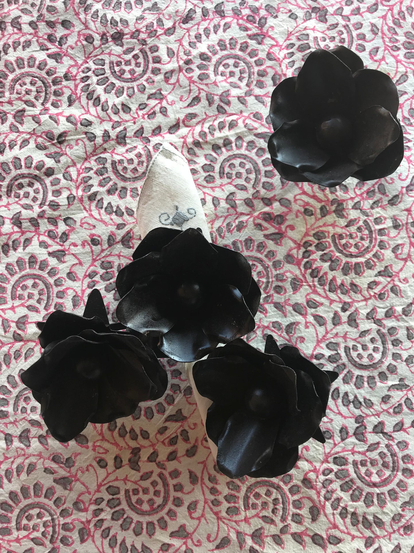Set of Black Flower Napkin Ring Holders
